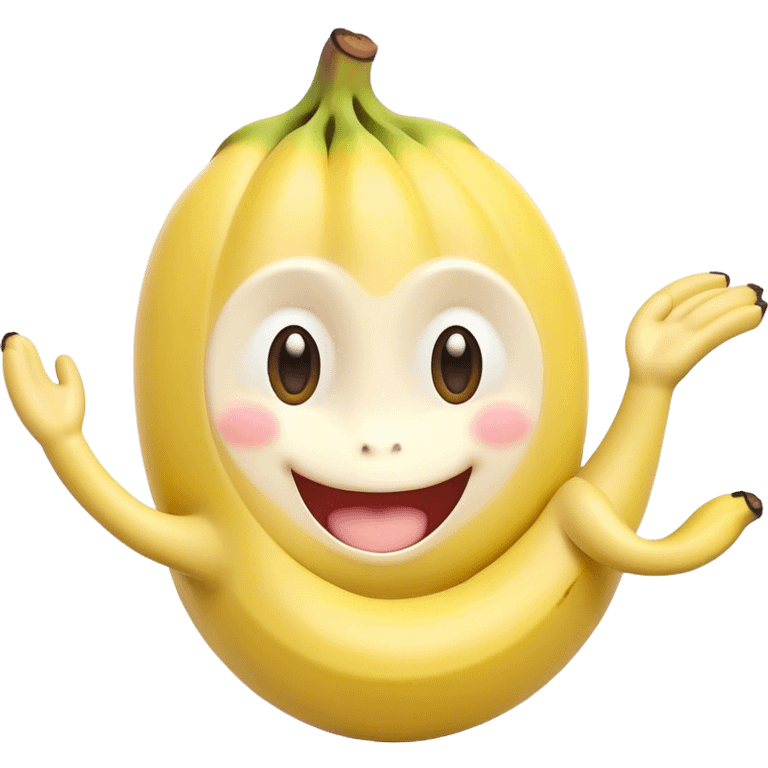 Cute Kawaii Banana, slightly curved, soft pastel yellow, cute giggling face with big round eyes, tiny arms waving happily, a peeled section revealing a smiling expression! emoji