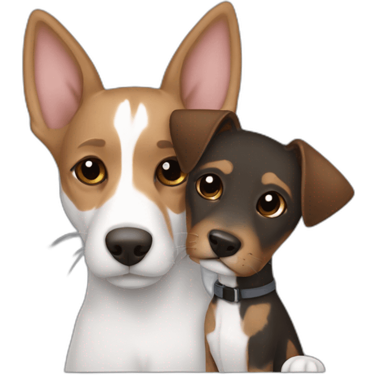 Black tabby cat feline and brown Jack Russell dog hugging emoji