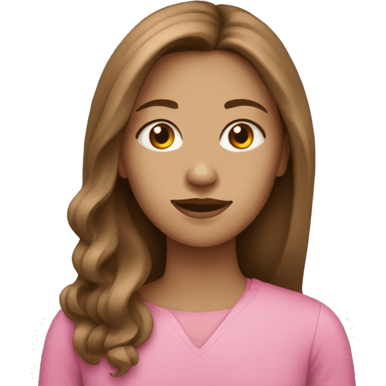 Woman with light skin and long brown hair wearing pink emoji