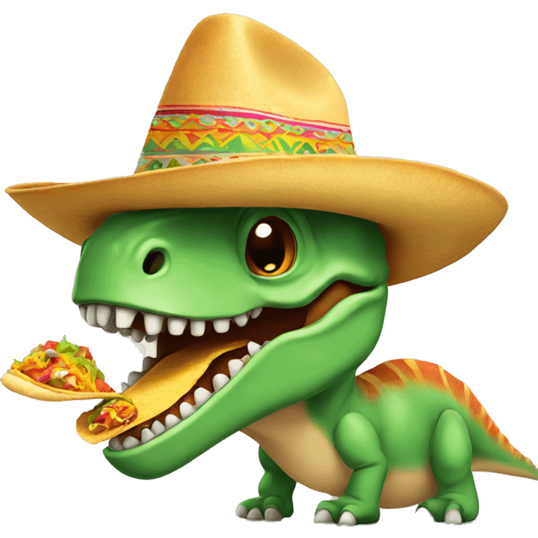 Dinosaur with a mustache wearing a sombrero eating a taco emoji