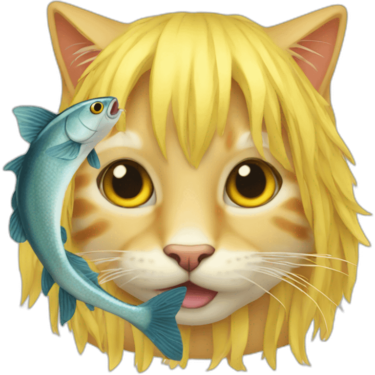 Cat with long yellow hair eating fish emoji