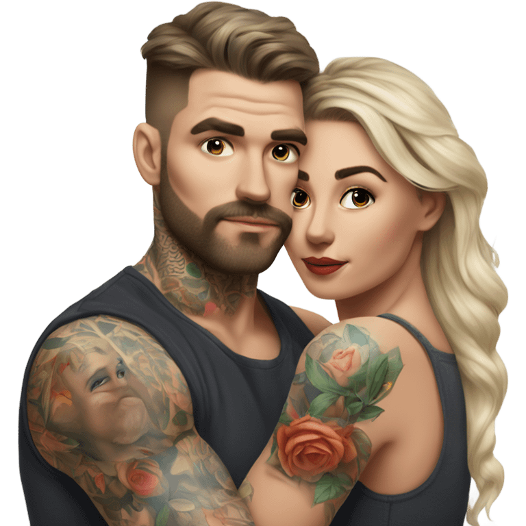 Hyper Realistic beautiful woman in the arms of a very handsome tattooed man kissing  emoji