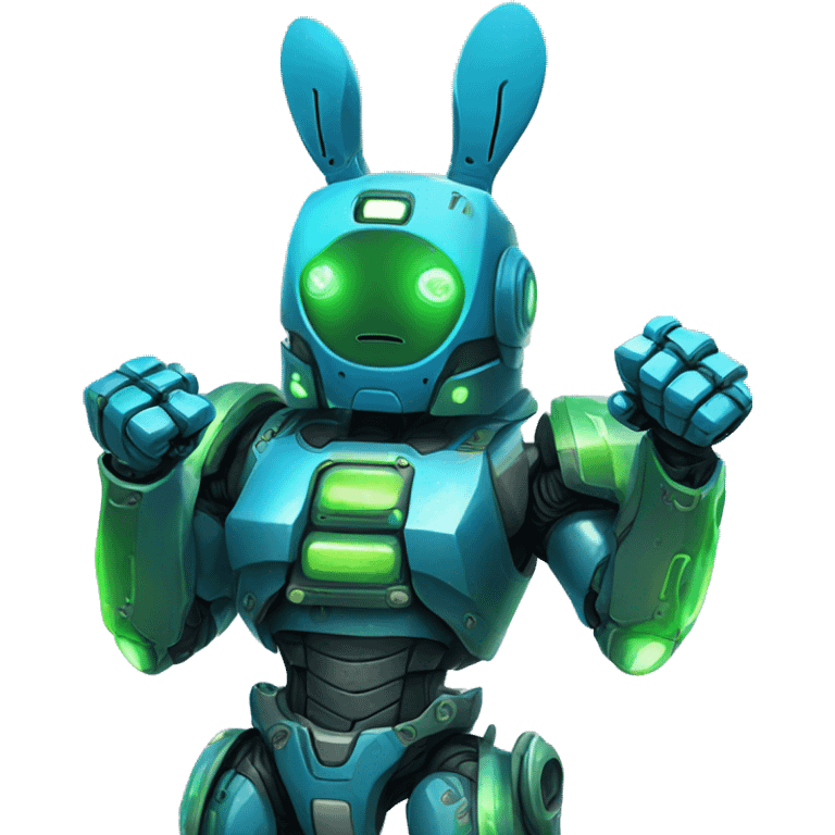 a blue and green robot rabbit has a fist in the air, cyberpunk emoji