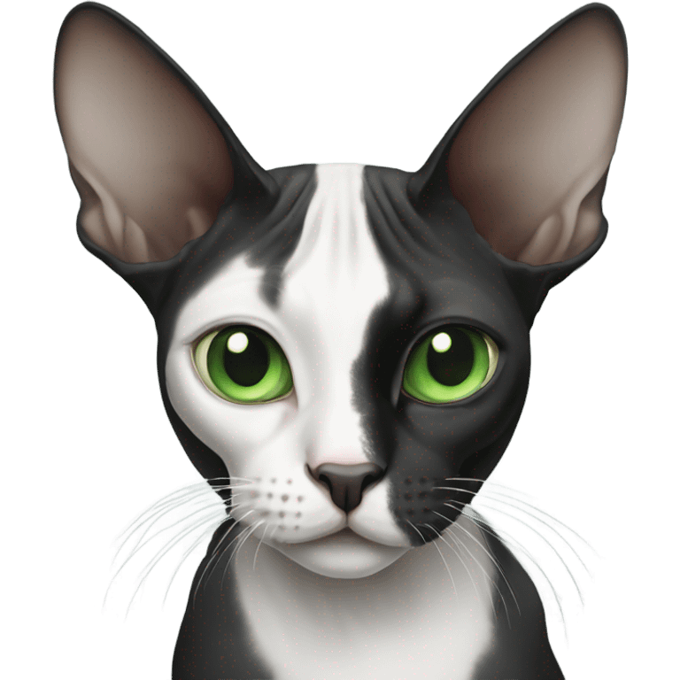 black and white sphinx cat with green eyes and a white spot on the mouth  emoji