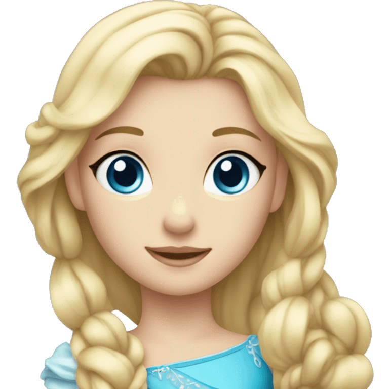 A princess with blue eyes, straight blonde hair and young emoji