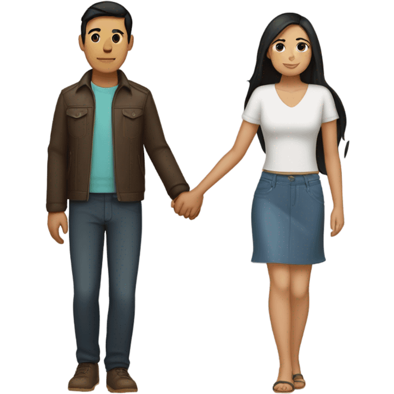 a couple holding hands. the guy has black middle part hair and is Persian and Filipino mix, wearing a jacket. the girl has brown hair white and asian mix, wearing a crop top. emoji