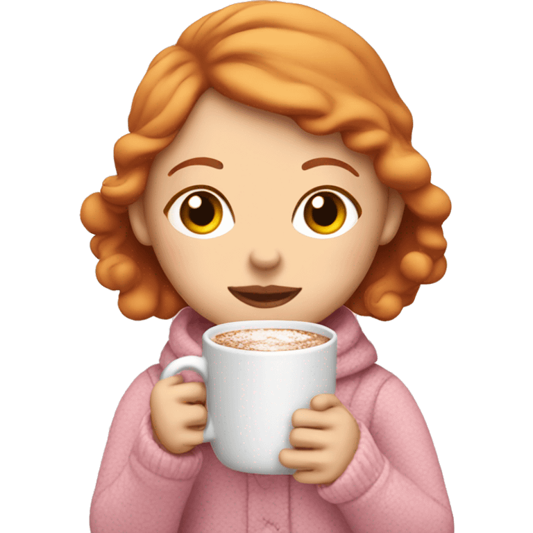 A ginger girl drinking hot chocolate cozy in baby pink emoji