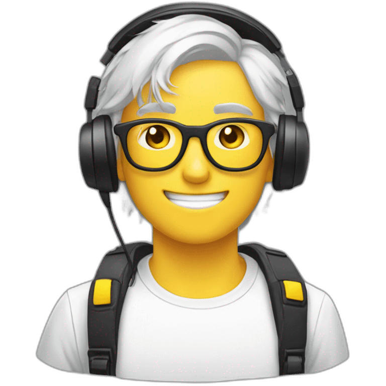 2d sticker emoji of a 18 year old guy wearing headset, white hair, yellow gamer glasses, facing the camera emoji