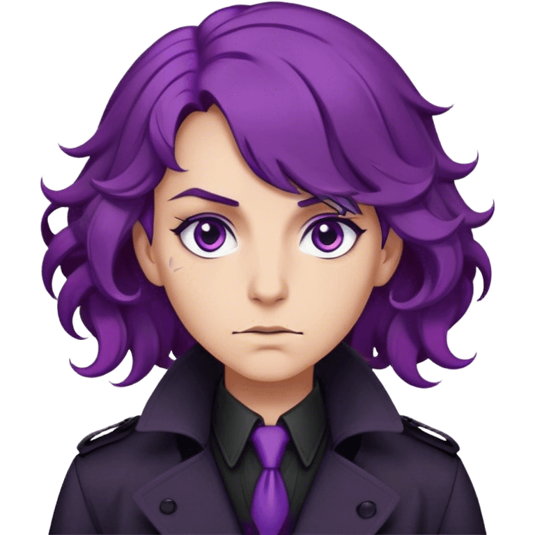 A noir-style detective with wavy purple hair, black trench coat, and piercing violet eyes emoji