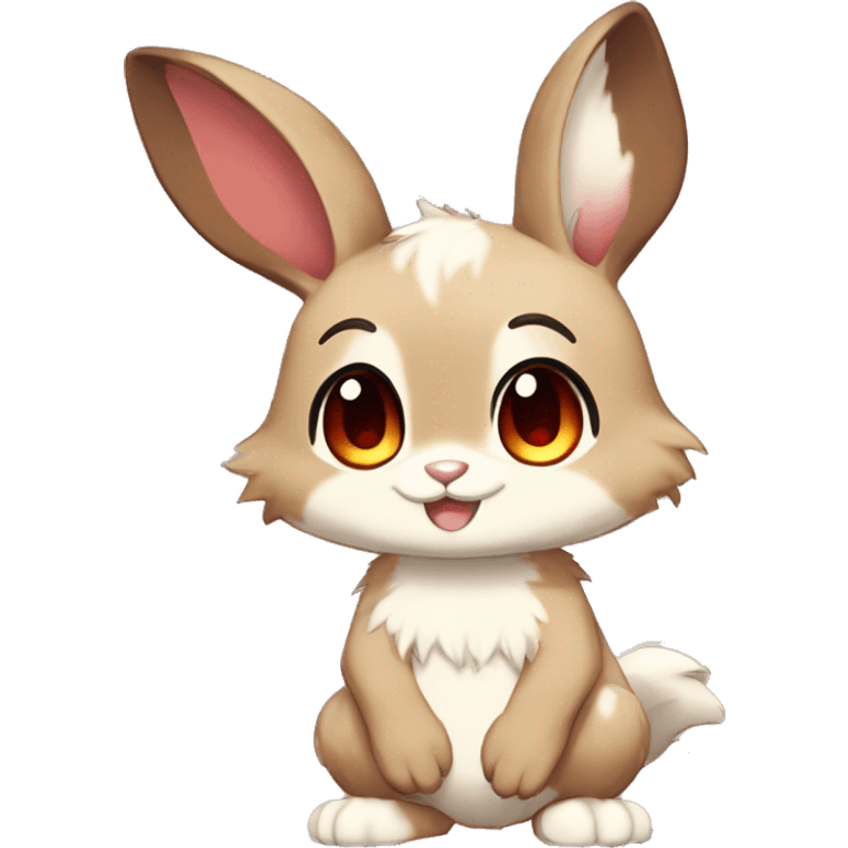 Cute, Chibi, Kemono-style, Anthro, Fur-Sona, Dark-Brown, Normal-type-Ground-type Tan-Rabbit-Fakémon with Dark-Red eyes, beige belly, beige paws, beige feet, beige freckles, full body emoji