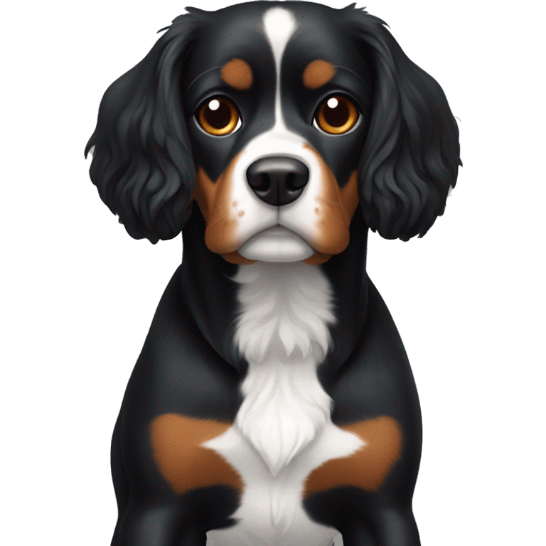 Black dog that looks like a Cavalier king but has a white stripe on chest and a bit of white on chin emoji