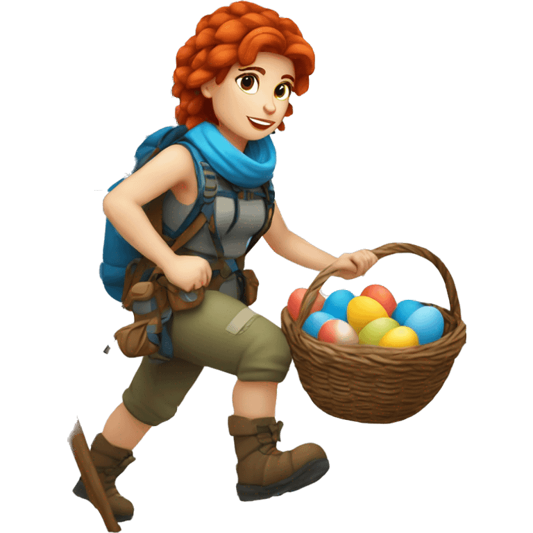 Greek Female winter mountaineer red hair white skin climbing with Greek Flag and Easter eggs basket emoji