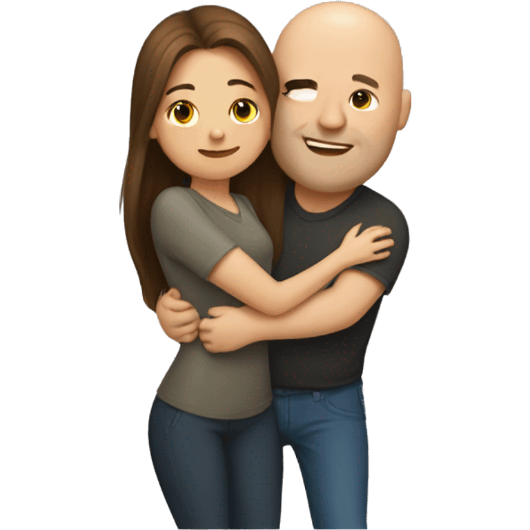 Long brown hair girl hugging bald chubby guy emoji