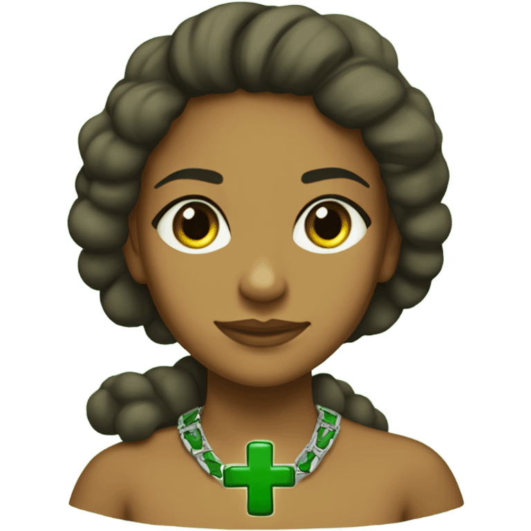 brown girl with green cross necklace on her forehead and besides it, the word Jasper written on the right side, in green letters emoji