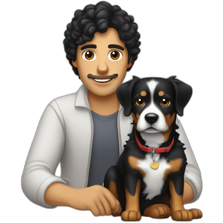 Russian programmer with curly black hair with dog Entlebucher zennenhund emoji