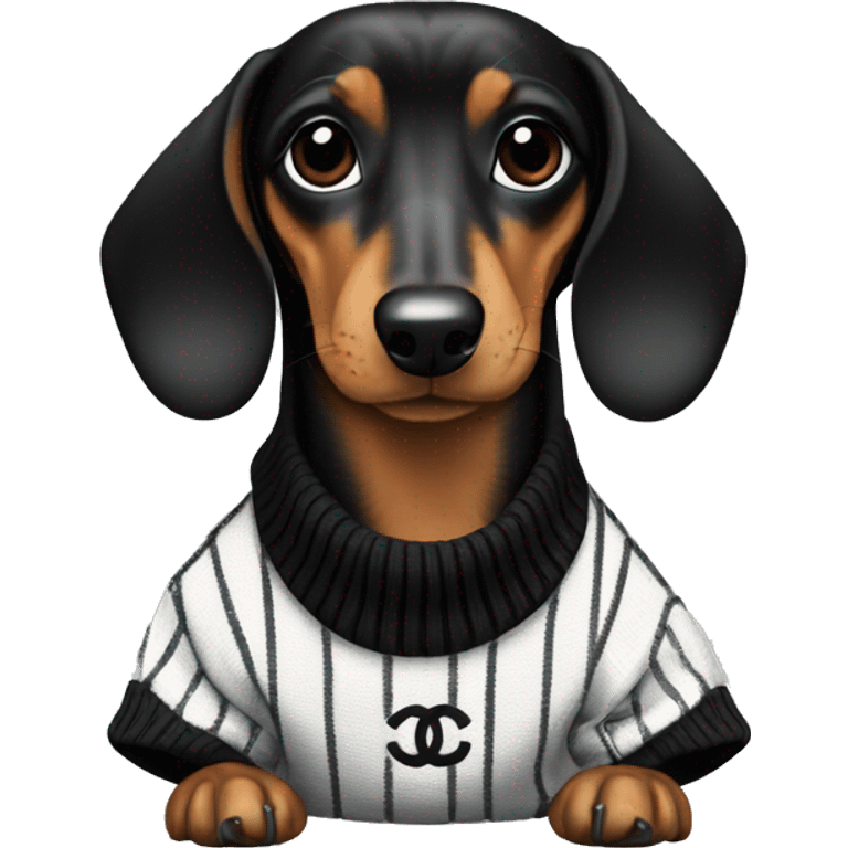 Dachshund wearing black and white Sweater with chanel logo  emoji