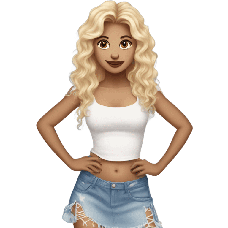 Glinda wearing ripped jeans and short skirt and a Shakira lace up croc top  emoji