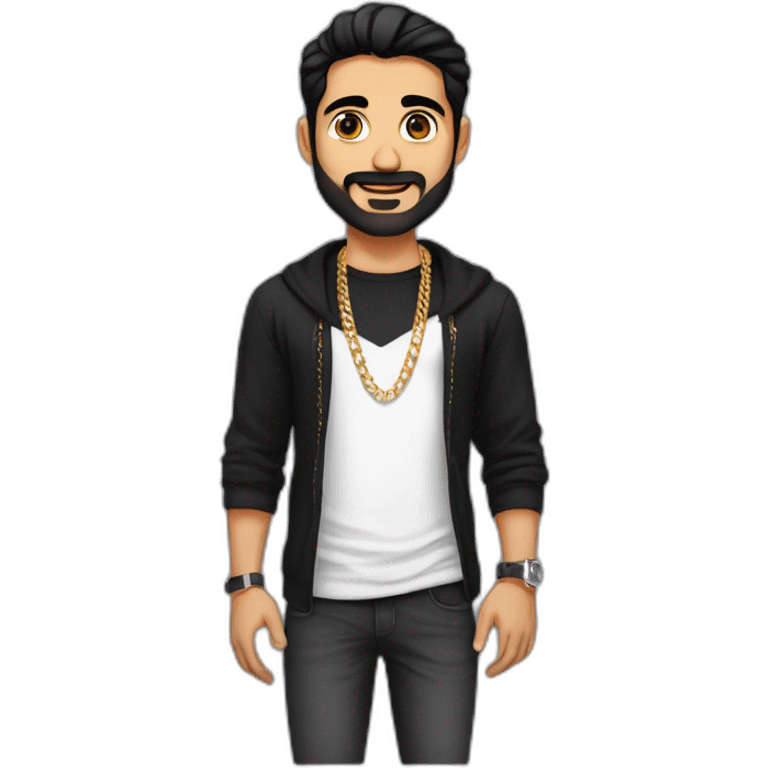 A strong Indian punjabi man wearing men silver chain,styled on a Full sleeve black tshirt,black hair white skin emoji