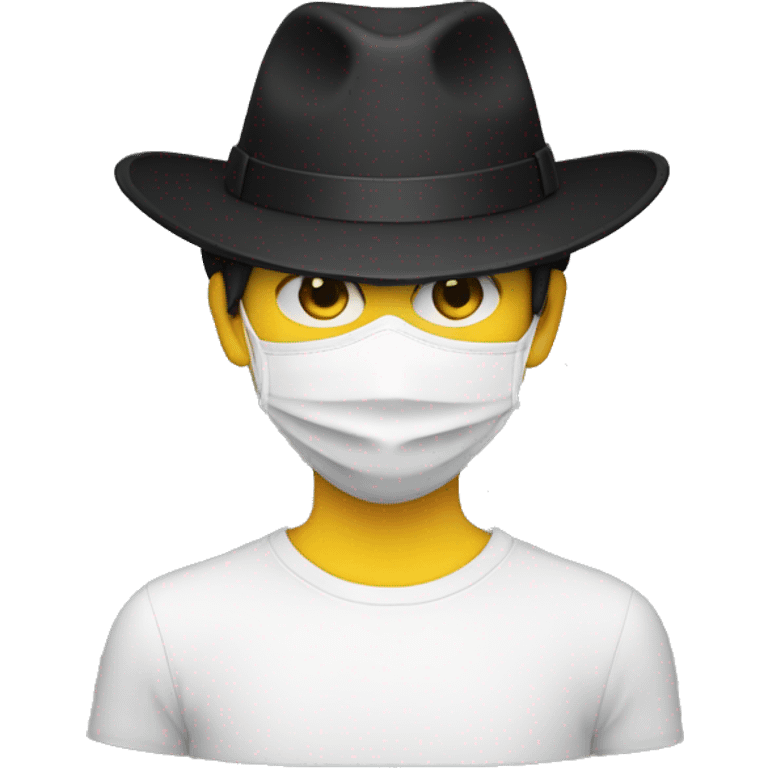 A person with no facial features, wears a white mask that covers the entire face with yellow eyes, has a serious expression and has a black hat. emoji