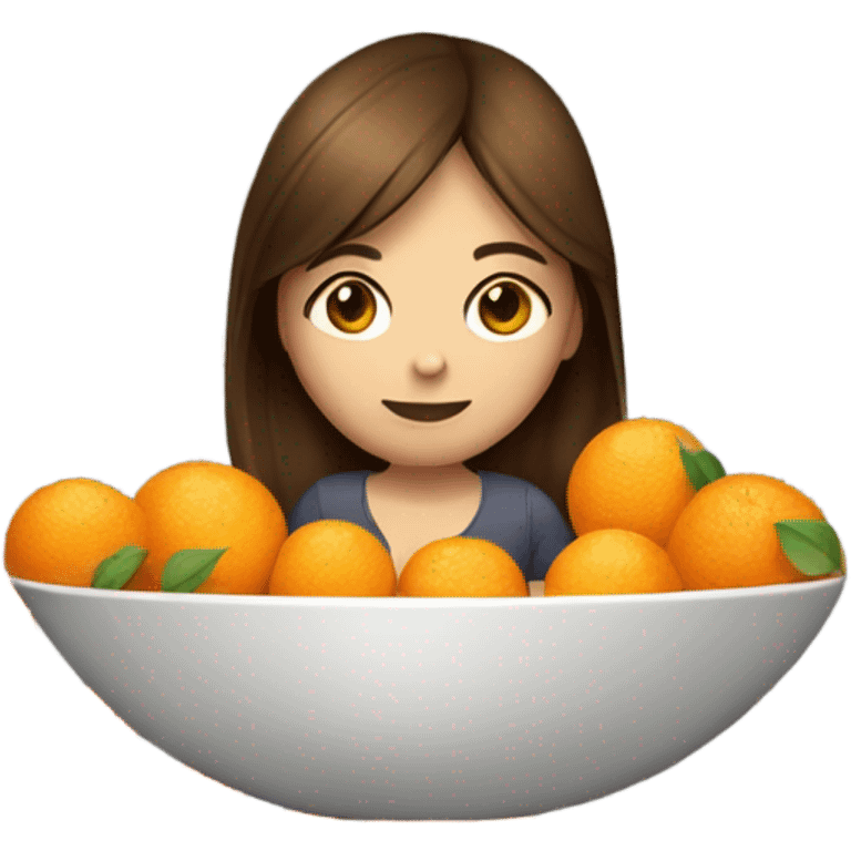 Girl with brown hair sitting in a bowl of oranges texting on her phone emoji