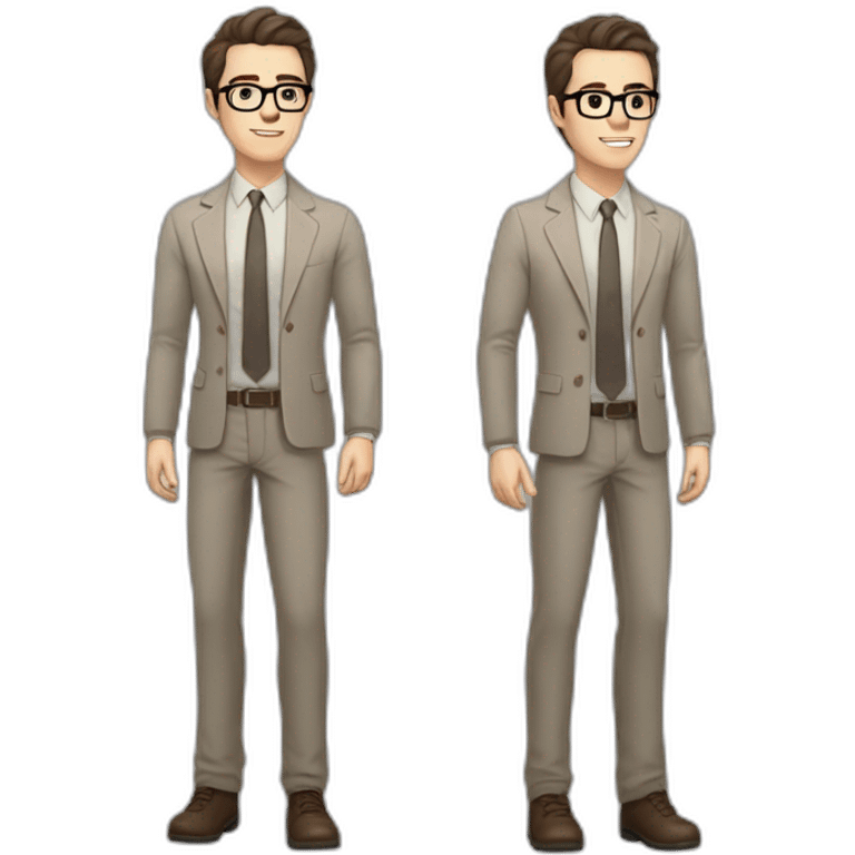 Full height Pale skinned fit man with dark brown hair in gray jacket, beige office shirt, brown tie, brown pants and vintage glasses. His right hand stretched out emoji