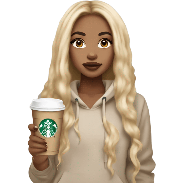 Light skin girl with long blonde hair extensions with big lips and lashes with a Starbucks in her hand and a beige hoodie on emoji