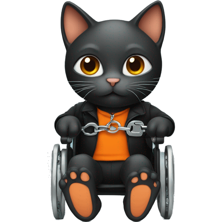 a kitty dressed in black and orange and in a wheelchair with handcuffs  emoji