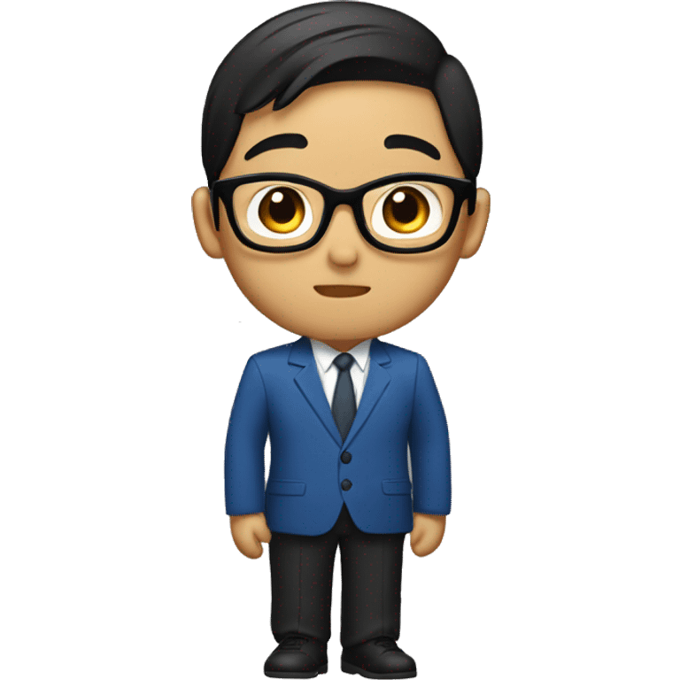 Asian boy with fair skin, short black 2:8 hair, wearing a blue suit and black glasses emoji