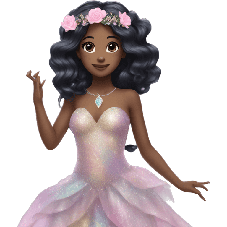 Iridescent fairy flying long black hair, flowers in hair, clear glitter wings, gorgeous ball gown, rose quartz jewelry  emoji