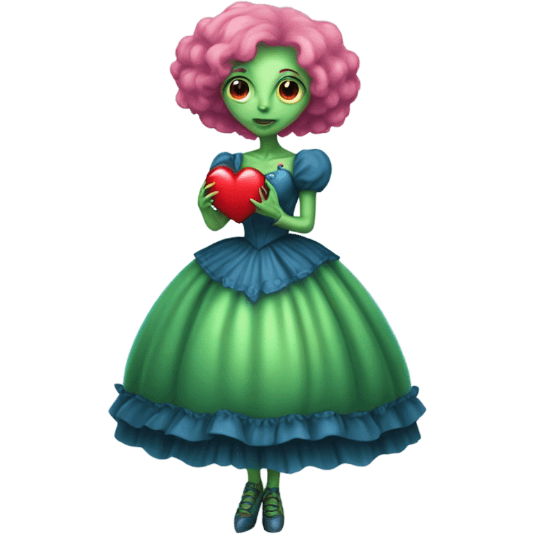 a green alien woman in Victorian blue dress, pink hair,holdig, red big hearth, full body emoji