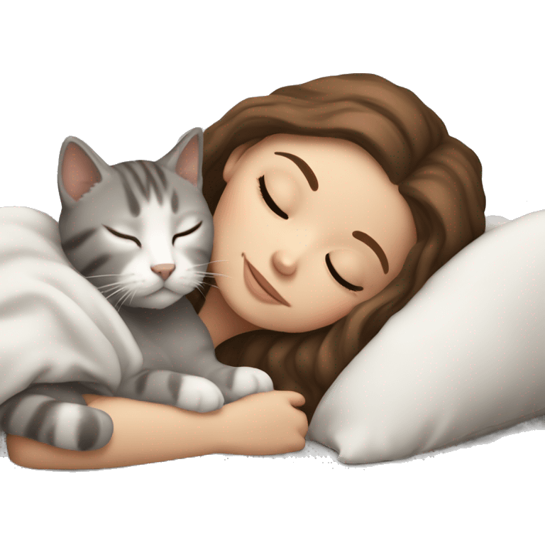 White girl brown hair sleeping with light grey kitten emoji