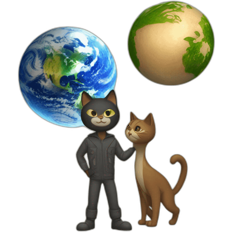 high definition, a cat man stands next to the Earth, and the cat man uses a pivot to move the Earth emoji