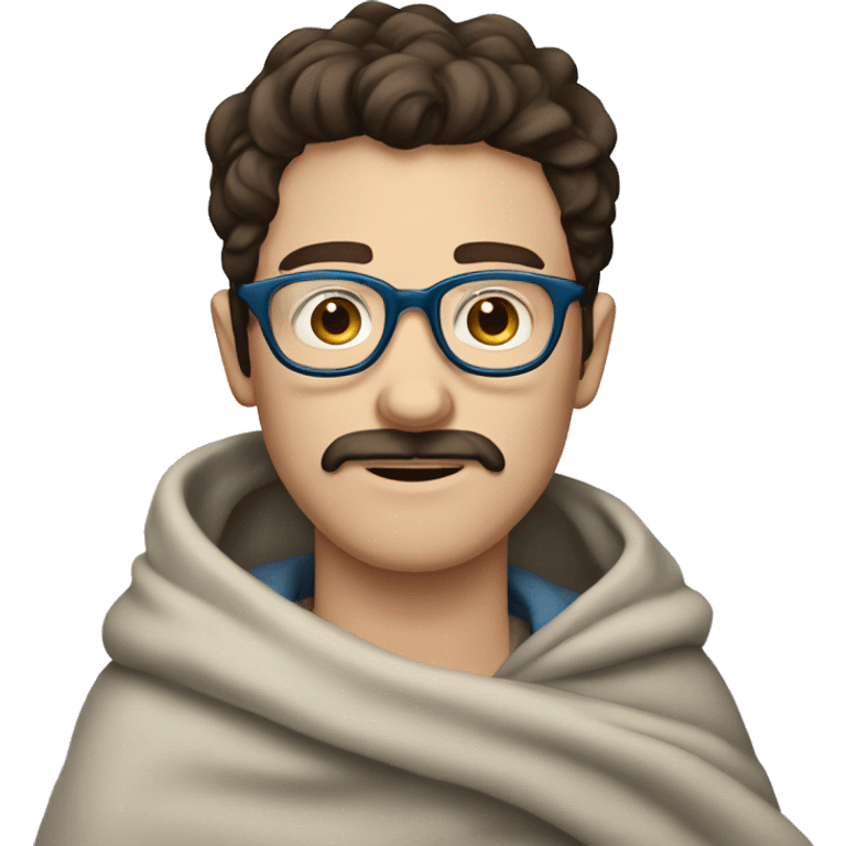 Pale Guy, dark brown hair, moustache and stubble, blue eyes, round glasses, covered in blanket emoji