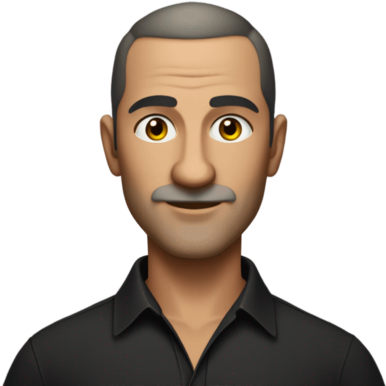 A middle-aged Italian man with olive-toned skin and a confident demeanor, sporting a buzz cut and no facial hair. He is wearing a sleek black smart shirt, casually unbuttoned at the top. emoji