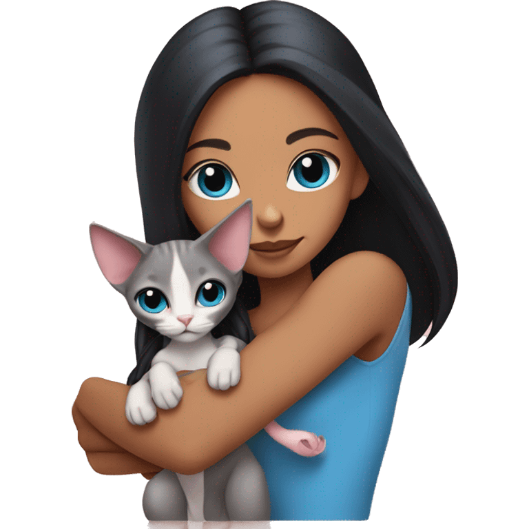 A girl with long black hair holds a pink sphinx cat with blue eyes in her arms emoji