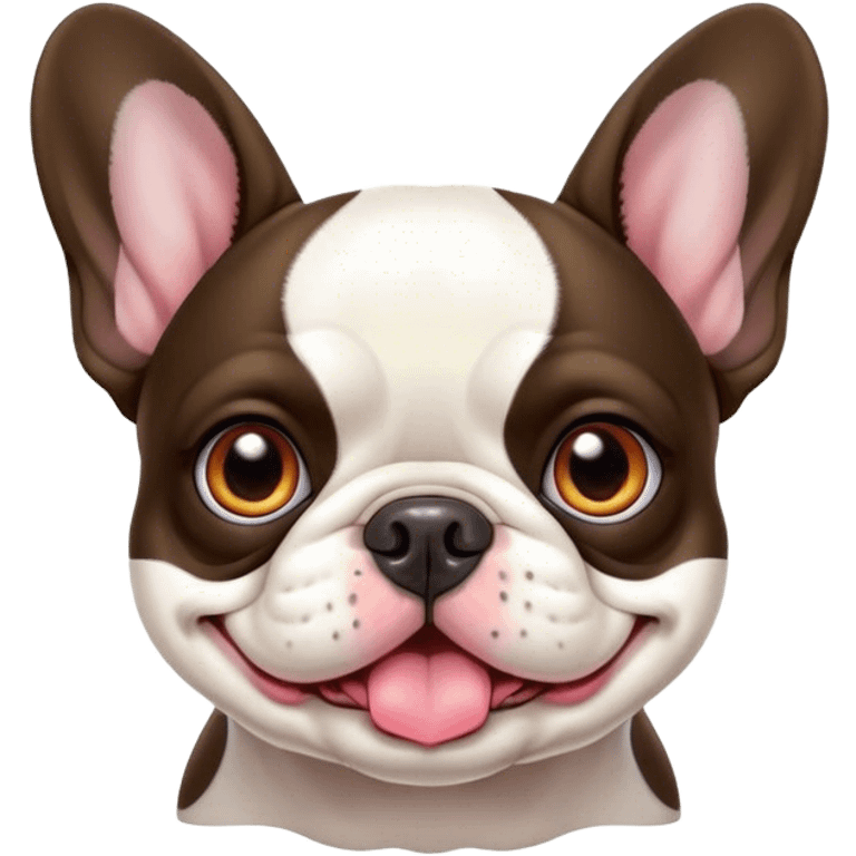 Cinematic Cute Pied French Bulldog Portrait Emoji, Head tilted with a sweet, mischievous grin and large, inviting eyes, featuring a unique pied fur of contrasting colors, simplified yet irresistibly endearing, highly detailed, glowing with a warm, playful radiance, high shine, exuding a quirky charm and affectionate personality, styled with a soft, lighthearted outline, capturing the essence of a cute Pied French Bulldog that looks ready to charm its way into your heart! emoji