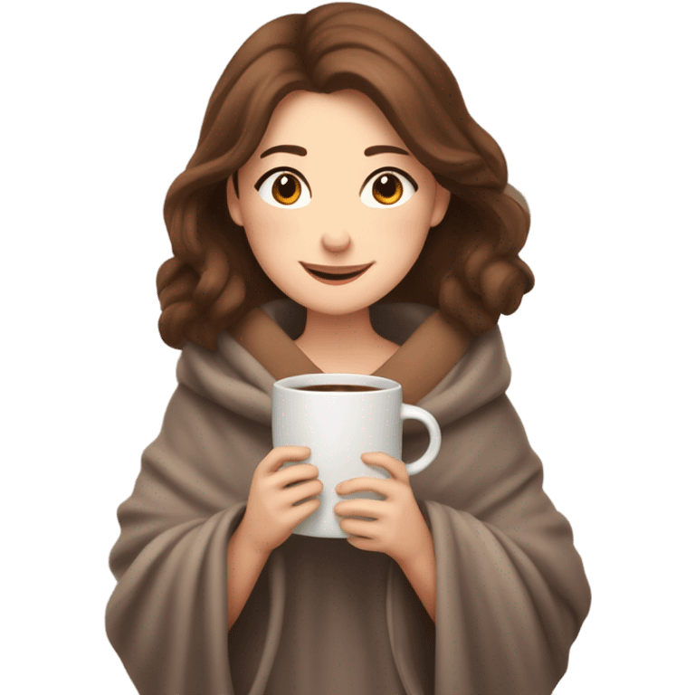 A cozy, heartwarming illustration of a beautiful girl with fair skin and brown hair, sitting comfortably under a soft blanket. She is holding a steaming cup of coffee with both hands, exuding warmth and relaxation. emoji