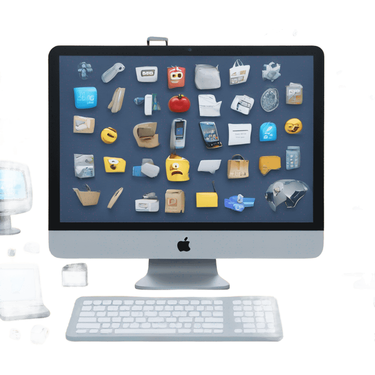 Centered on a large computer screen with a sleek website mockup, surrounded by subtle tech-themed icons (like shopping carts, coding symbols, and connected nodes). emoji