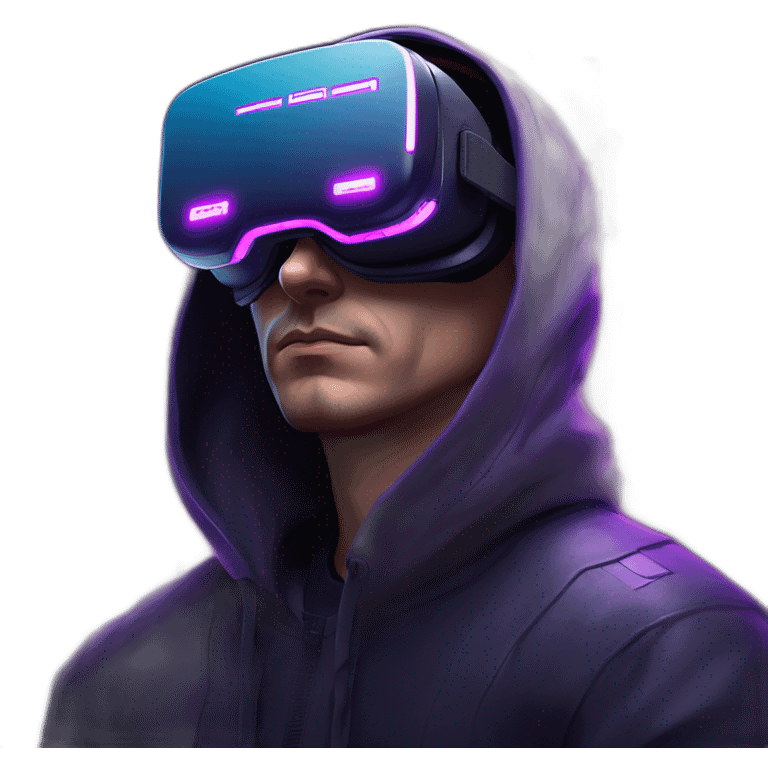 Russian man in the black hoody with violet letters "OMG VR" on it wearing vr headset. Cyberpunk style. Violet neon. emoji