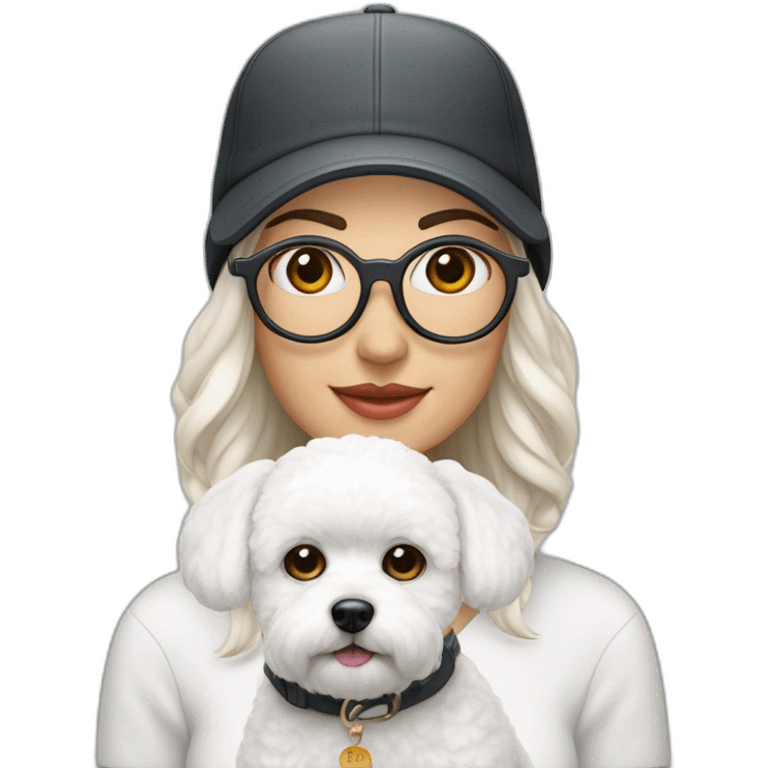 mujer piel blanca con gorro en la cabeza gafas y un perro bichon maltés blanco emoji