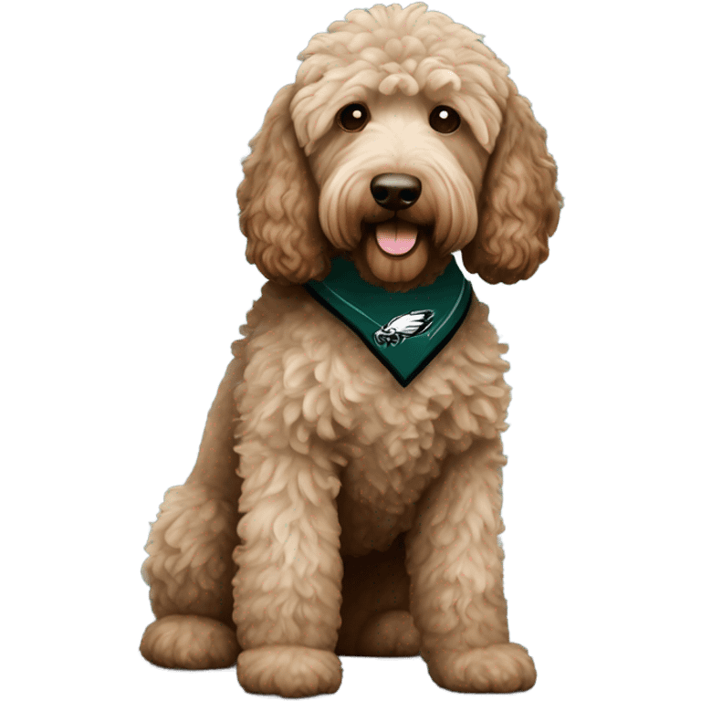 Light brown with little dark brown Labradoodle  wearing a Philadelphia Eagles shirt emoji