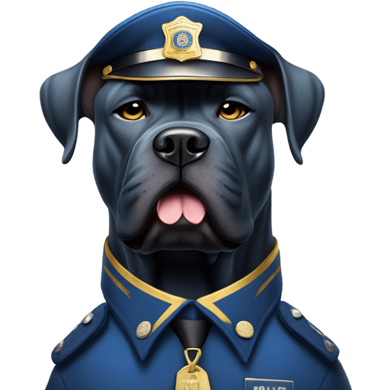 An angry Blue Cane Corso in a blue and gold police uniform hold in a club. emoji