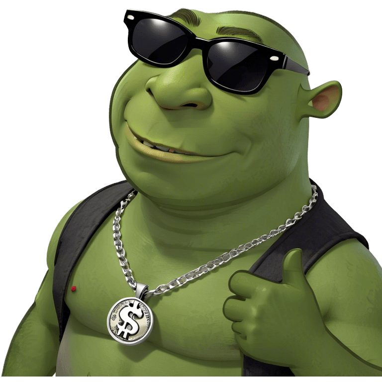 Shrek wearing sunglasses surrounded by money emoji