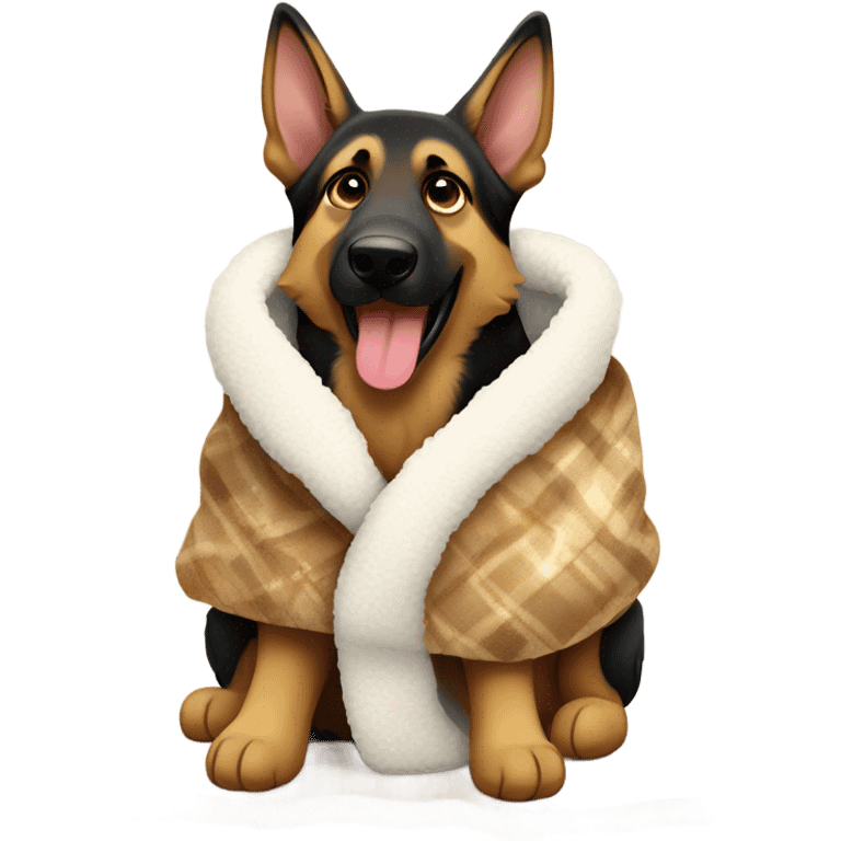 German shepherd wearing a goodie wrapped in a Sherpa blanket emoji