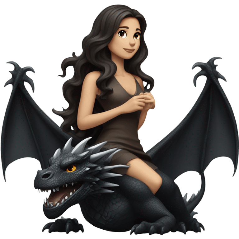 Beautiful white woman with long wavy dark brown hair riding on top of a black dragon emoji