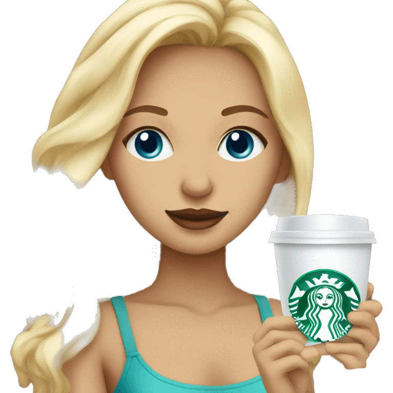 blonde girl blue eyes with Starbucks cup drink emoji