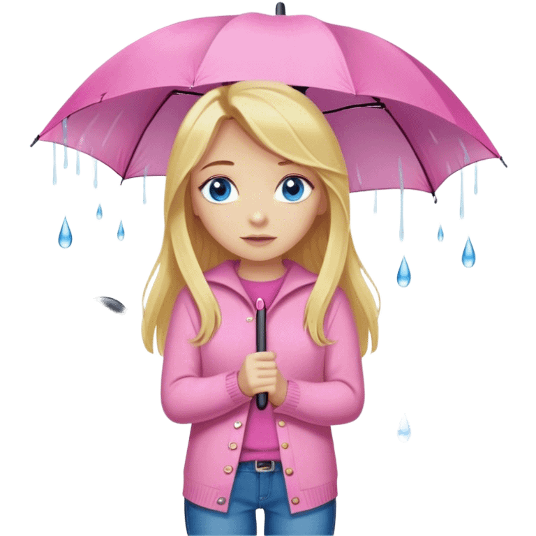 Cinematic realistic emojis in the form of a blonde girl with long hair and blue eyes, dressed in a pink sweater and jeans, holding an umbrella above her, on which rain is dripping emoji