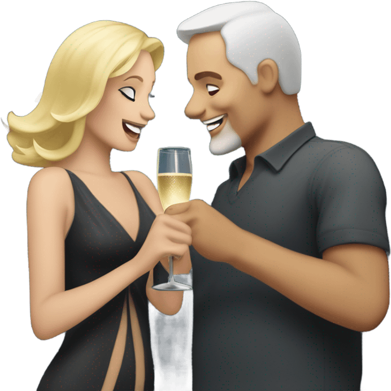 A fifty years man and a blonde woman dansing with a bottle of champagne by night emoji