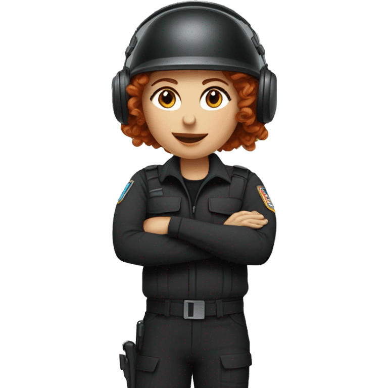 operator dressed in black with a milatary helmet, without glasses, wearing a headset, ready to respond to alerts, preferably curly redhead female  emoji