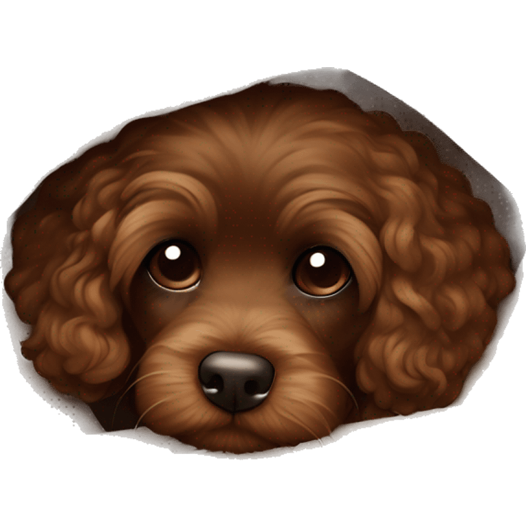 Dark Brown Cavapoo wrapped up in a cozy brown blanket, peeking out, giving off ultimate warmth and comfort vibes. emoji